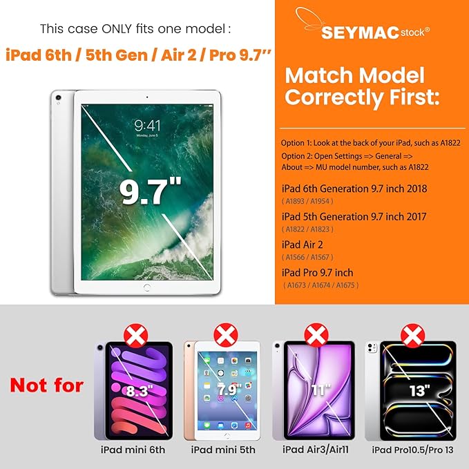 SEYMAC stock Case for iPad 6th / 5th Generation Case/Air 2 / Pro 9.7 inch, Heavy Duty Protective with Screen Protector, with Pencil Holder, Hand Strap, Shoulder Strap, 360 Rotate Stand, Black