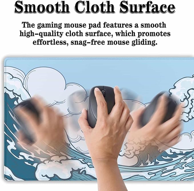 Big Mouse Pad Blue and White, Great Wave Desk Mouse Pads Office Desk Pads, Extra Large Gaming Mouse Pad Non-Slip Rubber Base Waterproof with Stitched Edges, 35.4 X 15.7 inch Japanese Wave