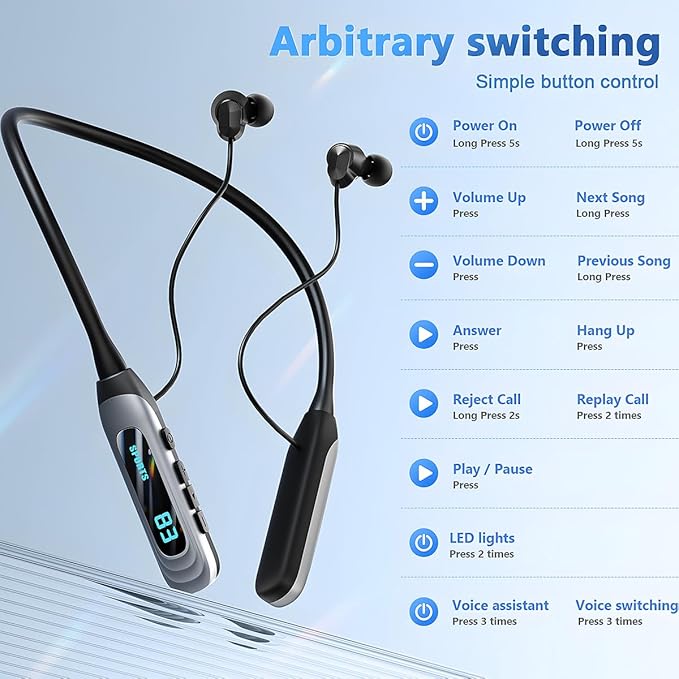MZYML Neckband Bluetooth Headphones 5.4, IPX5 Waterproof Sports Earbuds with Mic, 80H Playtime 1000H Standby, LED Power Display, Magnetic in-Ear Headset for Running Workout Gym (Black)
