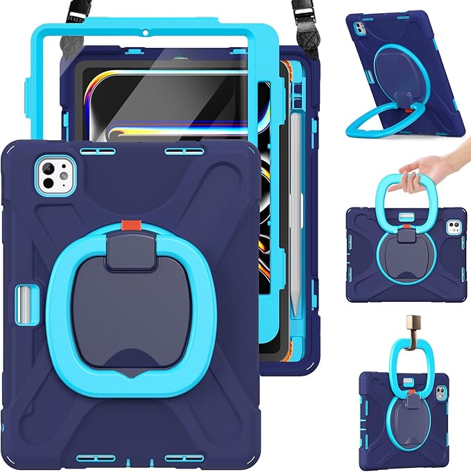 BRAECN for iPad Pro 11 Inch Case (M5/M4) 2025/2024, Shockproof Silicone Cover with Built-in Screen Protector, Multiple Adjustable Viewing Angles, Shoulder Strap, Handle Grip, Pencil Holder, Navy Green