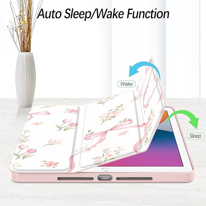 Case for iPad 9th / 8th / 7th Generation (2021/2020/2019) 10.2 inch, Case with Pencil Holder, Stand Clear Back Cover Cute Cool Design for Women Girls, Auto Sleep/Wake, Bow Tulip