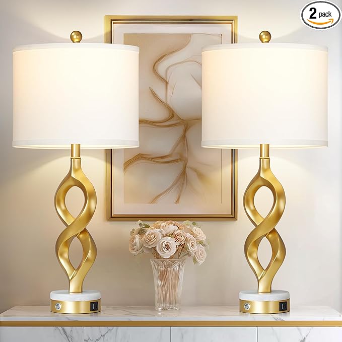 Cinyirong 30" White and Gold Table Lamps Set of 2 for Living Room, Modern Touch Control Bedside Lamps for Bedroom, 3-Way Dimmable Sculptural Resin Nightstand Lamps with USB A+C Ports and 2 LED Bulbs