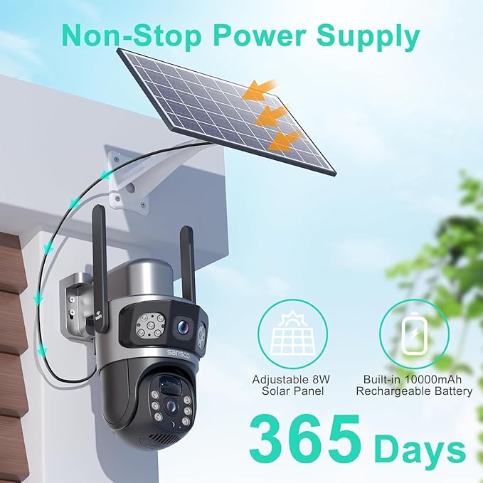 SANSCO 2K Dual Lens Solar Security Camera Wireless Outdoor, 2.4G & 5G WiFi, 360° PTZ Home Security Camera, 100% Wired Free, Spotlight Color Night Vision, 2-Way Audio, PIR Motion Detection (4 Pack)