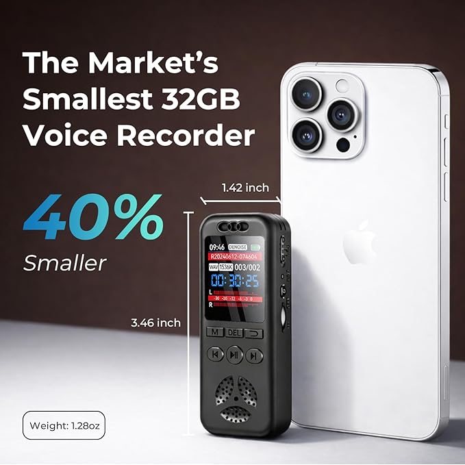 32GB Digital Voice Recorder, Small Voice Activated Recorders with Playback, 1536Kbps Audio, 70dB Noise Reduction, A-B Repeat Recording Device Portable Mini for Lectures, Meetings, Interview etc