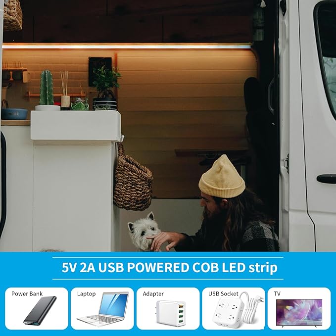USB 5V COB LED Strip Lights 9.84ft/3M, Warm White 2700K Dimmable USB Powered Density COB Tape Flexible Cuttable LED Strip for TV Backlight, 3D Printer, RV, Sewing Machine, Bedroom, Mirror