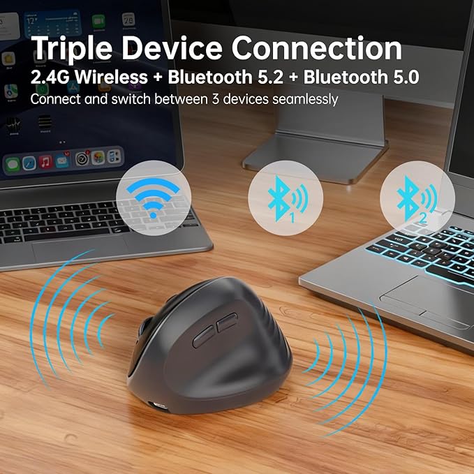 PYP Ergonomic Vertical Wireless Mouse, Bluetooth 5.2/5.0 & 2.4G Tri-Mode, Type-C Rechargeable with Power Display, 6-Level Adjustable 8,000 DPI, Lightweight Quiet Click for Laptop Mac - Black