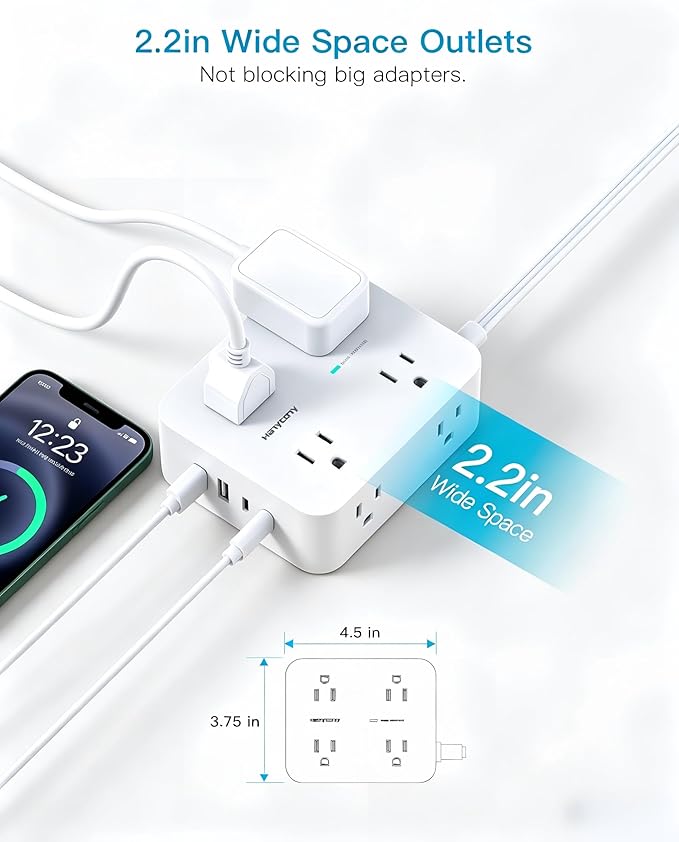 HANYCONY 25 Ft Extra Long Extension Cord with Ultra-Thin Flat Plug, 8 Widely Spaced Outlets & 4 USB Ports (2 USB C), 1080J Surge Protector Power Strip for Home, Office, Workshop, Wall Mount Design