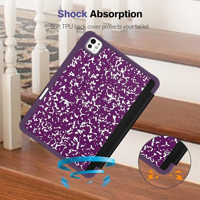 Fintie SlimShell Case for iPad Pro 11-inch (M5) 2025 / (M4) 2024 - [Built-in Pencil Holder] Soft Flexible TPU Protective Stand Back Cover, Composition Book Purple