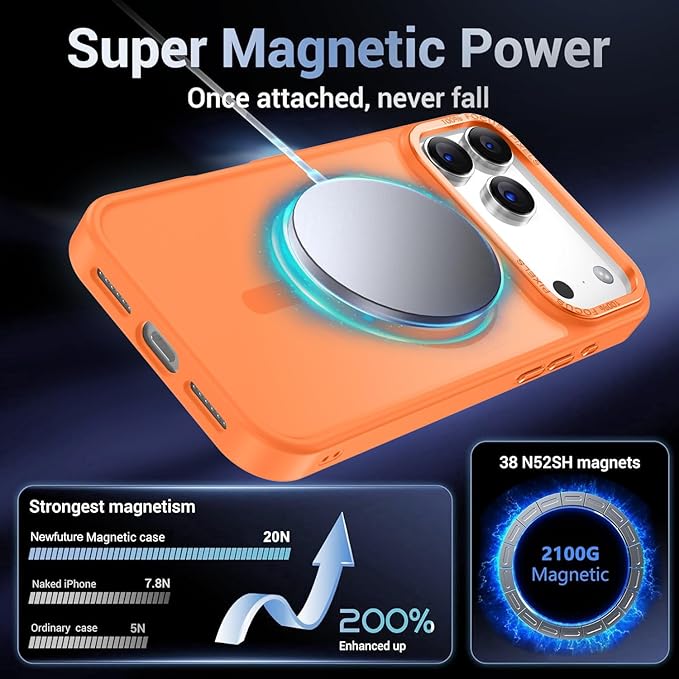 Newfuture Magnetic for iPhone 17 Pro Case [Compatible with Magsafe] [Military Grade Drop Protection] Translucent Matte Anti-Scratch Shockproof Protective Phone Cover 6.3 Inch, Orange