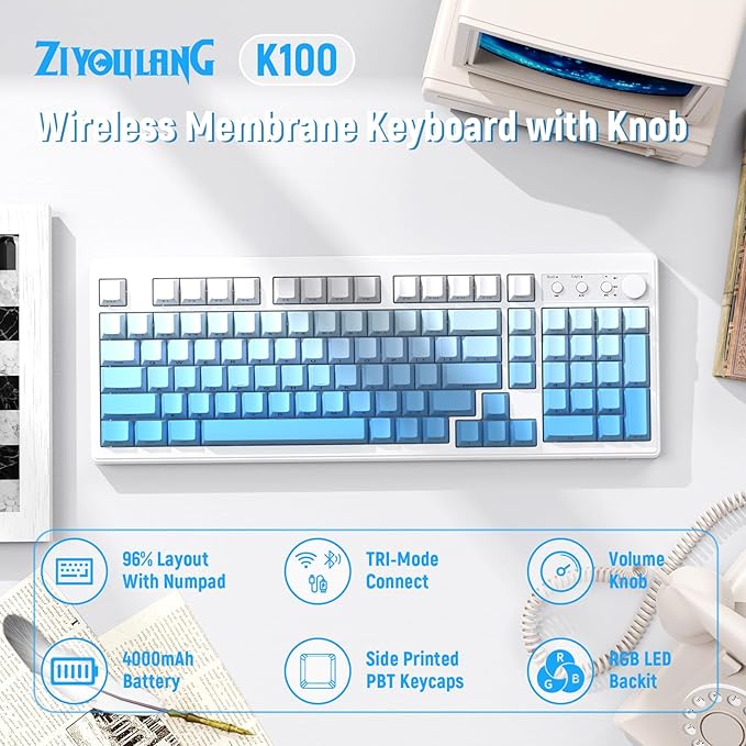ZIYOU LANG K100 Wireless Gaming Keyboard,99 Keys Tri-Mode BT/2.4GHz/USB-C Creamy Color Keyboard with Number Pad RGB,Media Knob Custom Programmable Computer Keyboards for PC/Mac/Xbox (Blue)