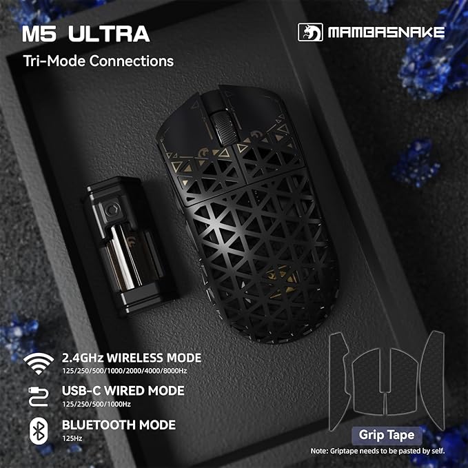MAMBASNAKE M5 Ultra Carbon Fiber 8KHz Wireless Gaming Mouse,PAW3950 Sensor 42K DPI,39g Lightweight Tri-Mode 2.4GHz/BT/Wired Computer Mice,Web Driver Support,for Win/Mac/FPS/MOBA/Esports-Black(B)