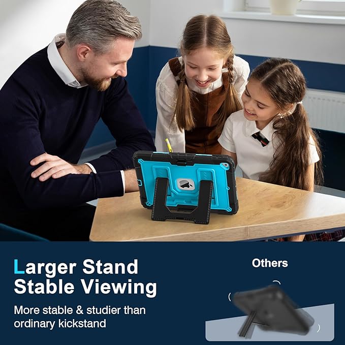 Kids Friendly Case for Apple iPad 10.2" 9th 8th 7th Generation 2021/2020/2019 Case with Pencil Holder & Shoulder Strap, Military Grade Shockproof Kickstand Hard Shell Protective Cover,Black+Blue