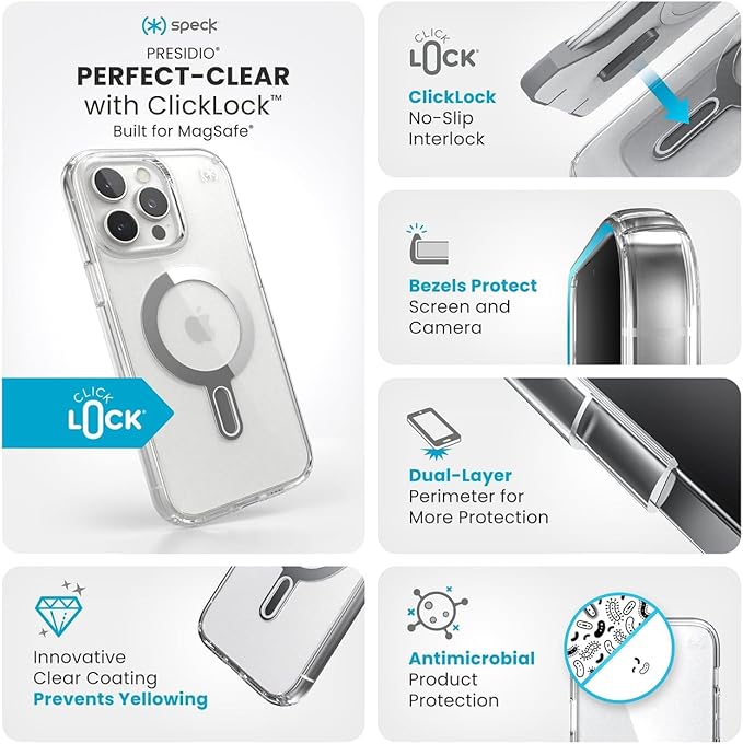 Speck Clear iPhone 16 Pro Max Case MagSafe + ClickLock - Slim Phone Case iPhone 16 Pro Max - iPhone 16 Pro Max Phone Case - Presidio - Clear/Chrome