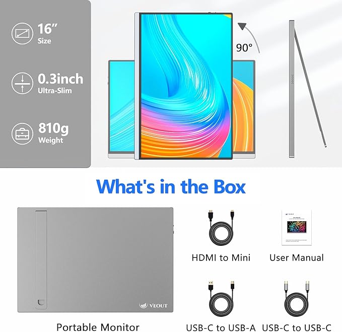Veout External Second Screen for MacBook Pro (Silver), 1920x1200 IPS 16 inch Travel Monitor with Aluminum Metal Stand, Dual Type-C/Mini HDMI 16:10 Portable Display for iMac/Laptop/Mini PC