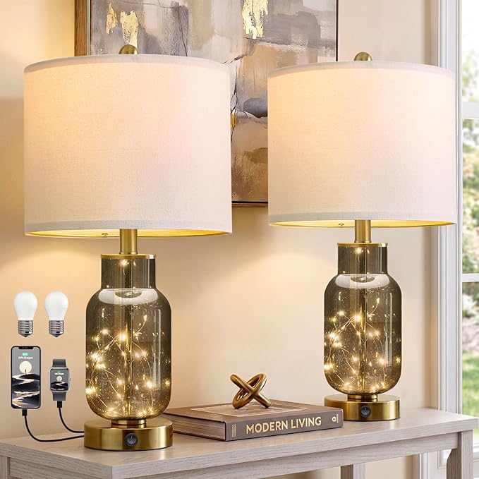 Oneach 22" Glass Table Lamps Set of 2, Gray Modern Bedside Lamp with LED Night Light for Living Room, Nightstand Lamp with USB Ports for Bedrooms, Study Room, End Table(2 Bulbs Included)