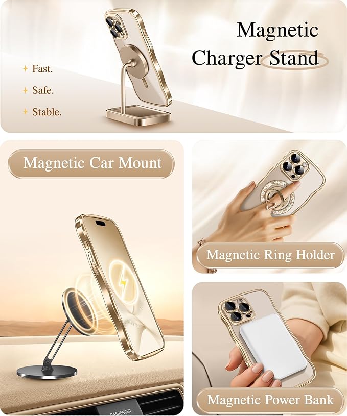 GVIEWIN for iPhone 16 Pro Max Case Compatible with MagSafe, Upgraded [Full Camera Protection][Cute Wave Frame][Military Grade Protection] Electroplated Soft Phone Cover for Women Girl, Clear/Gold