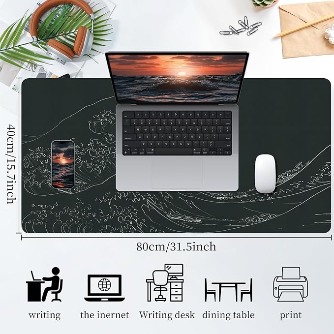 Japanese Gaming Mouse Pad Abstract Black Mouse Pad Clearance Overstock Limited Stock Discontinued Size 31.5x11.8 Inch Black Sea Wave Texture Non-Slip Keyboard Mouse Mat