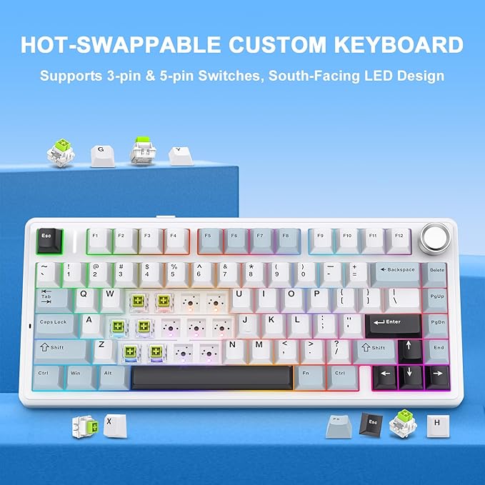 AULA F75 - 75% Wireless Mechanical Keyboard,Hot Swappable Custom Gaming Keyboard with Knob,BT5.0/2.4GHz/USB-C,RGB Backlit,Pre-lubed Reaper Switches,Double Shot PBT Keycaps,Mechanical Gaming Keyboards
