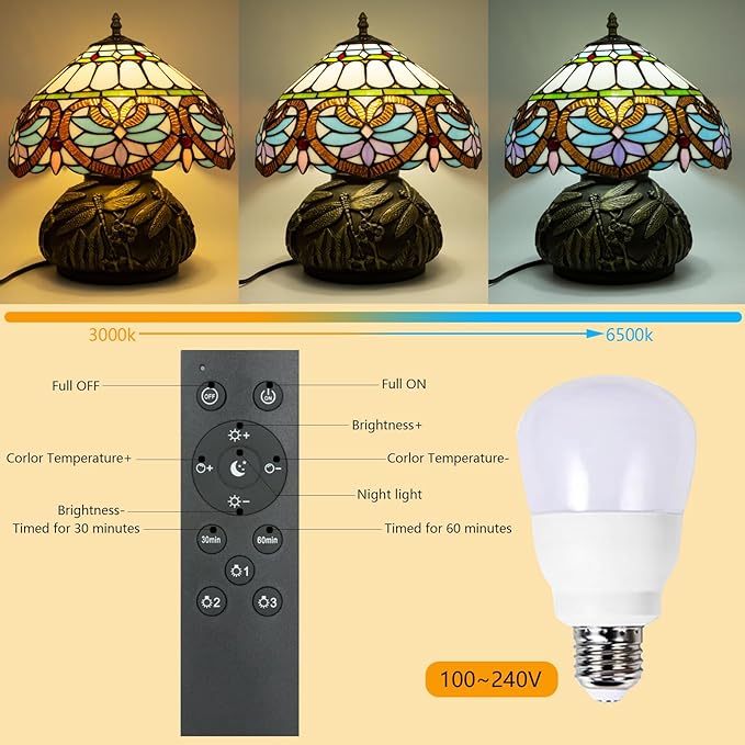 Tiffany Table Lamp,12 Inch Stained Glass Table Lamp,Mushroom Style Vintage Desk Lights Included E26 LED with Remote Control for Bedside,Bedroom,Living Room(Red Star Baroque)