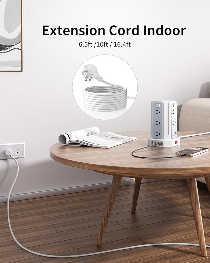 Power Strip Surge Protector, 6.5 Ft Extension Cord with 12 AC Multiple Outlets 4 USB (1 USB C), SMALLRT Power Tower Desktop Charging Station