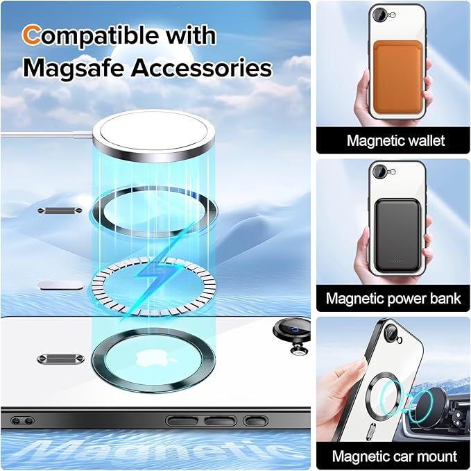 Hython Magnetic Clear for iPhone 16e Case with Camera Lens Protector [Compatible with MagSafe] Luxury Plating Edge Slim Soft TPU Cover Protective Phone Case for iPhone 16e 6.1", Black