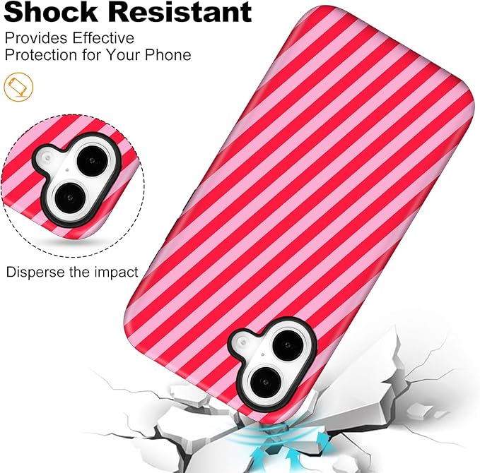 Magnetic for iPhone 16 Case Cute Diagonal Stripes Phone Case, Shockproof Slim TPU and Hard PC Protective Phone Cover Compatible with MagSafe Designed for Women Girls,Red