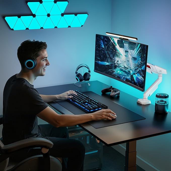 ARES WING Single Monitor Arm for 17-40 Inch Flat Curved Ultrawide Screens Up to 26.5lbs, Fully Adjustable Single Monitor Mount, C-Clamp & Grommet Base, 75/100 Vesa Mount, White