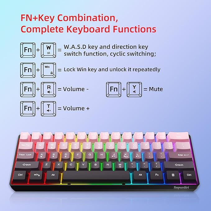 Snpurdiri 60% Wired Gaming Keyboard, 61 Keys RGB Backlit Ultra-Compact Small Gaming Keyboard, for PC/Mac Gamer, Typist, Travel, Easy to Carry on Business Trip (Pink-Black)