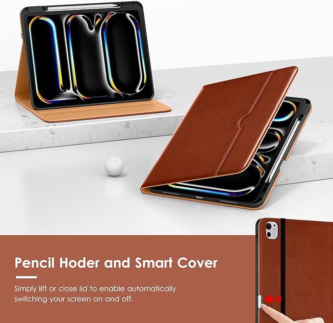 VIKESI Case for iPad Pro 13-inch M5 or M4 Released in 2025 or 2024, Leather Stand Cover with Apple Pencil Holder, Auto Wake/Sleep, Multiple Viewing Angles, Built in Hand Strap & Pocket,Brown