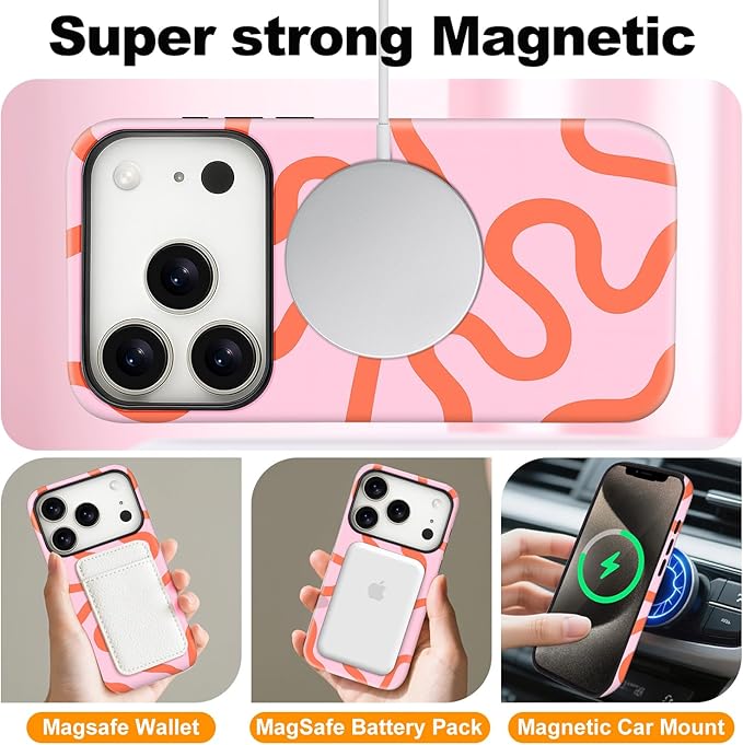 Magnetic for iPhone 17 Pro Case Cute Curved Stripes Phone Case, Shockproof Slim TPU and Hard PC Protective Phone Cover Compatible with MagSafe Designed for Women Girls,Pink