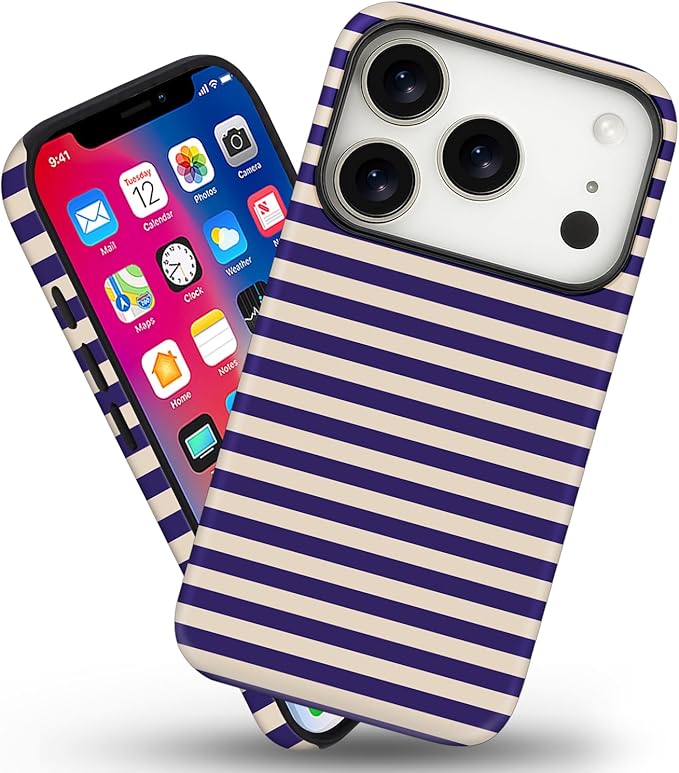Magnetic for iPhone 17 Pro Case Cute Stripes Phone Case, Shockproof Slim TPU and Hard PC Protective Phone Cover Compatible with MagSafe Designed for Women Girls, Blue&Apricot