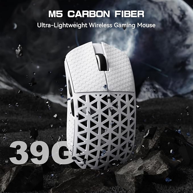 MAMBASNAKE M5 Ultra Carbon Fiber 8KHz Wireless Gaming Mouse,PAW3950MAX Sensor 42K DPI,39g Lightweight Tri-Mode 2.4GHz/BT/Wired Computer Mice,Web Driver Support,for Win/Mac/FPS/MOBA/Esports-White (B)