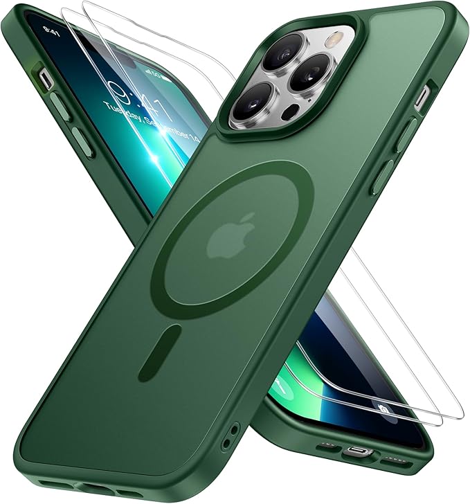 Miracase Magnetic Series for iPhone 13 Pro Max Case [Compatible with MagSafe] [with 2X Screen Protectors] Military-Grade Protection, Anti-Fingerprint, Phone Case for iPhone 13 Pro Max, Dark Green