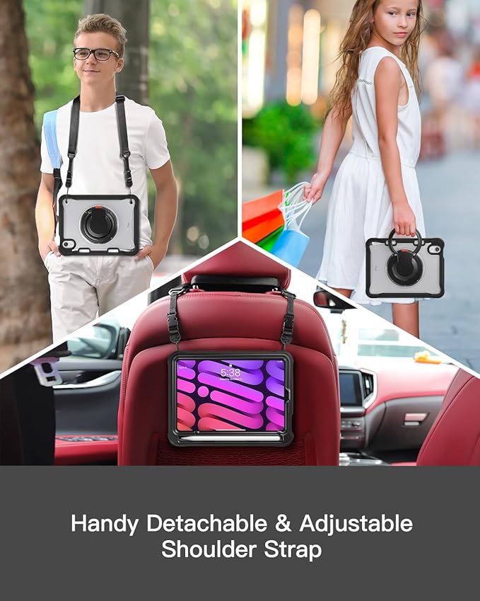 BRAECN for iPad (a17 pro) Mini 7/Mini 6 Case 2024/2021 8.3 inch with Pencil Holder Protective Clear Ring Handle 360 Rotating Stand Shockproof Dropproof Rugged Carrying Shoulder Strap Kids Friendly