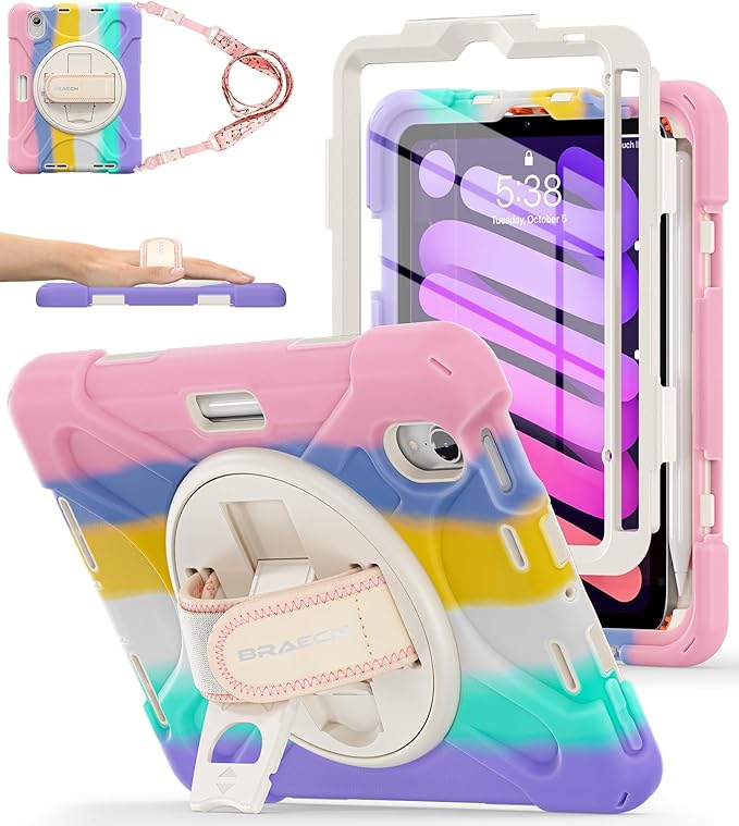 BRAECNstock Kids Case for Apple iPad mini 7 (A17 Pro) 2024/ Mini 6 8.3" Shockproof Protective iPad mini 7th/6th Gen Case with Screen Protector Pen Holder [Rotating Stand+Hand Strap], Colorful Pink