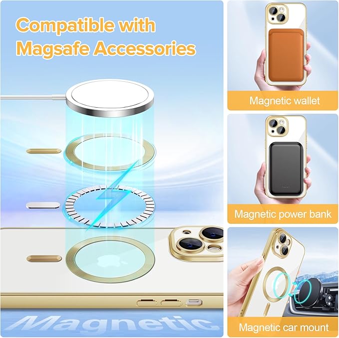 Hython Magnetic Clear for iPhone 14 Plus Case with Camera Lens Protector [Compatible with MagSafe] Luxury Plating Edge Slim Soft TPU Cover Protective Phone Case for iPhone 14 Plus 6.7", Matte Gold