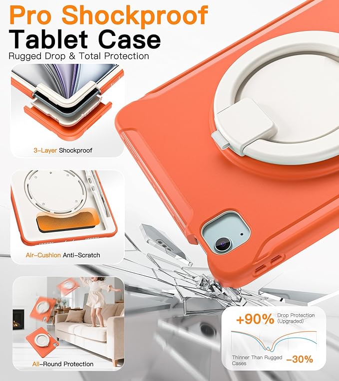 BATYUE Shockproof Case for iPad Air 11" M2/M3/M4, Air 4/5 10.9", iPad Pro 11" 1st-4th Gen 2018-2022 | 360° Multi-Angle Stand (Portrait & Landscape) & Grip, Built-in Pencil Holder, Coral Orange