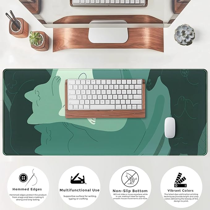 Cute Green Cat Desk Mat Extended Mouse Pad Large Gaming Mousepad XL Long Desk Pad Minimalist Laptop Keyboard Pad Deskmat Deskpad Desktop Mouse Mat Big 31.5"x11.8" with Stitched Edges