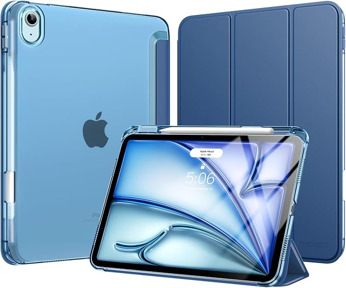 MoKo for iPad Air 11 inch Case (M4/M3/M2) 2026/2025/2024, iPad Air 5th/4th Gen 10.9 inch Case 2022/2020 with Pencil Holder, Slim Light Trifold Cover with Hard PC Translucent Back Shell, Navy Blue