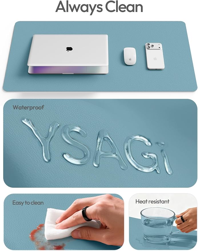 YSAGi Leather Desk Pad Protector, Office Desk Mat, Large Mouse Pad, Non-Slip PU Leather Desk Blotter, Laptop Desk Pad, Waterproof Desk Writing Pad for Office and Home (Aquamarine, 35.4" x 17")