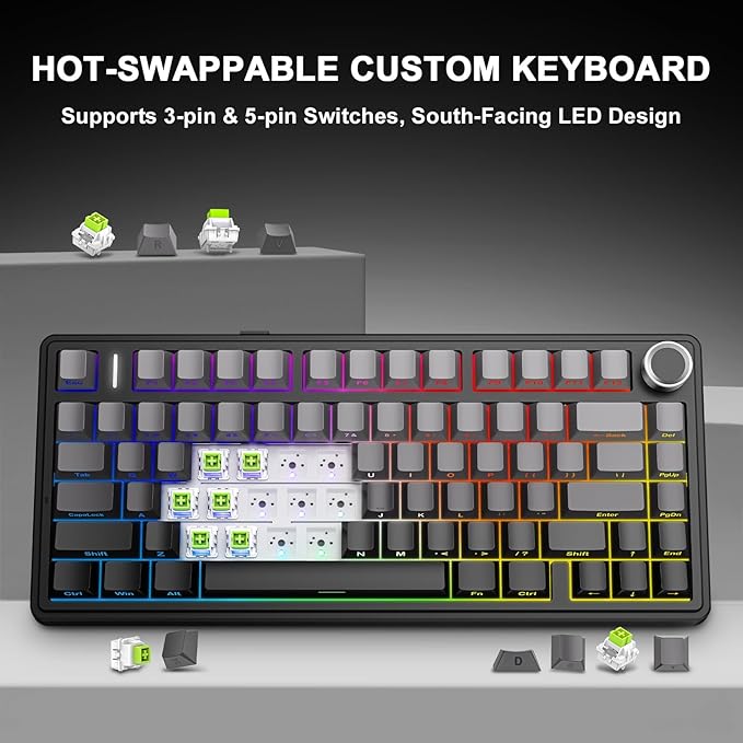 AULA F75 - 75% Wireless Mechanical Keyboard,Hot Swappable Custom Gaming Keyboard with Knob,BT5.0/2.4GHz/USB-C,RGB Backlit,Pre-lubed Reaper Switches,Double Shot PBT Keycaps,Mechanical Gaming Keyboards
