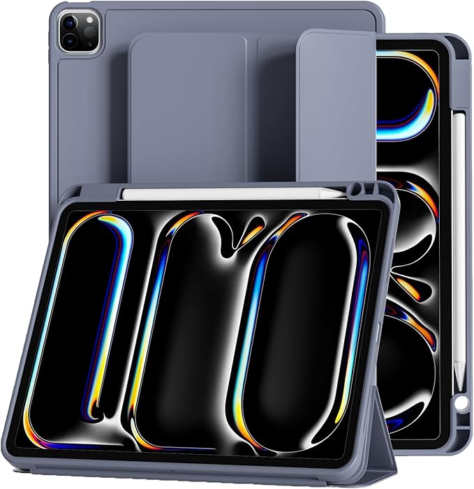 Case for iPad Pro 11 inch (M5/M4) 2025/2024 with Pencil Holder,Tri-Fold Stand Cover, Protective Soft TPU Back&Shockproof Air Corner,Supports Apple Pencil Pro, Auto Wake/Sleep (Purple Gray)