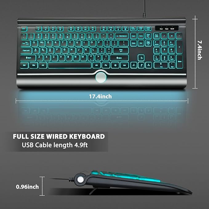 Backlit Computer Keyboards, Wired Light Up Keyboards with 7-Color Backlit, USB Lighted Keyboard Easy to See and Type, Corded Full-Size Keyboard for Windows Desktop, Laptop, PC