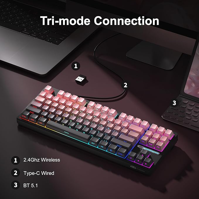 MageGee Pink Wireless Creamy Keyboard, Tri-Mode 2.4G/USB-C/BT Gaming Keyboard, RGB Backlit Hot Swappable Mechanical Keyboard for Win/Mac/PC, 8000mAh Battery