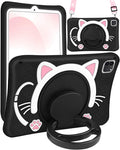 Wazzasoft for iPad Air 5th/4th Generation 10.9"/Pro 11" Case - Cute Black Cat Soft Silicone Girls Teens Women Cartoon Kitten Tablet Cover with Rotating Handle Stand & Strap Air 5th/4th Gen Funda