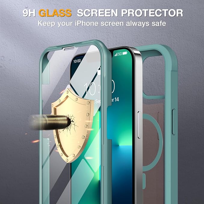 Miracase for iPhone 13 Pro Case 6.1",Full-Body Protection,Clear Bumper Case with Built-in 9H Tempered Glass Screen Protector,Military-Grade Drop Protection Outdoor Phone Case for iPhone 13 Pro,Teal