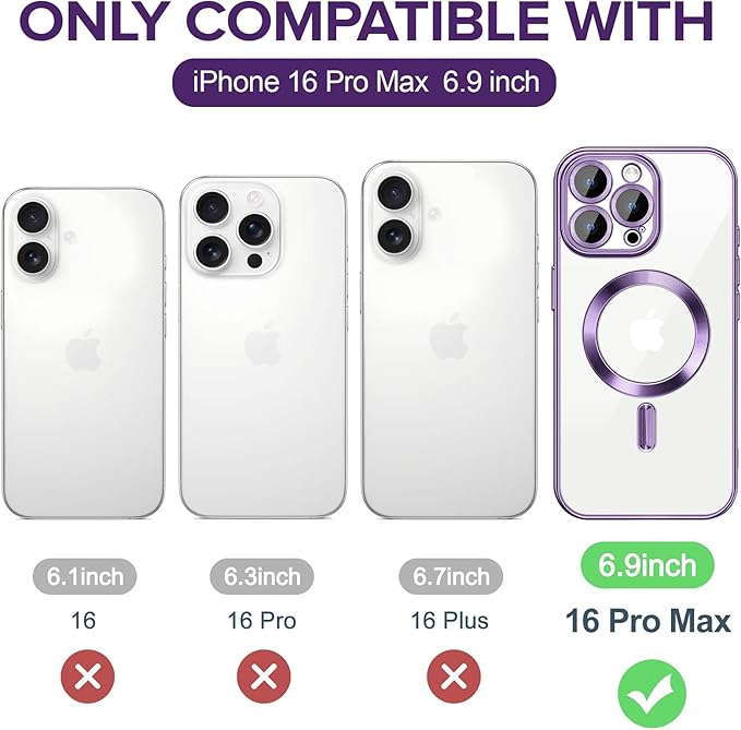 Hython Magnetic Clear for iPhone 16 Pro Max Case with Camera Lens Protector [Compatible with MagSafe] Plating Edge Slim Soft TPU Cover Protective Phone Case for iPhone 16 Pro Max 6.9", Deep Purple