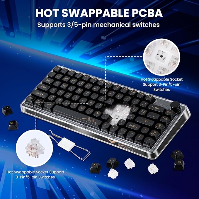 MY-V82 75% Tri-Mode Wireless Mechanical Gaming Keyboard, Bluetooth 5.0/2.4GHz/USB-C，Keyboard with Knob， RGB Backlit, Hot-Swappable, Electroplated Metal Case, for Win/Mac Gamers