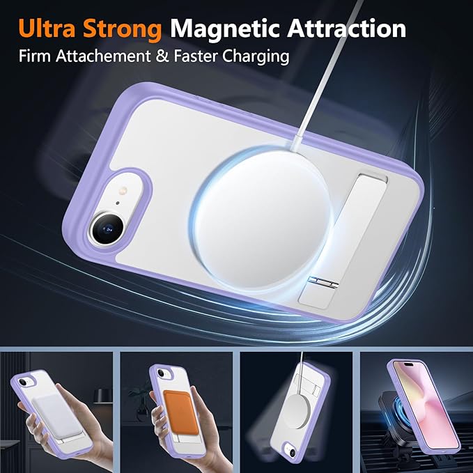 SPIDERCASE Magnetic for iPhone 17e Case for iPhone 16e Case, with [3 Stand Ways] [Military Grade Drop Protection] Invisible Stand Shockproof Slim Case for iPhone 17e/16e 6.1 inch, Light Purple