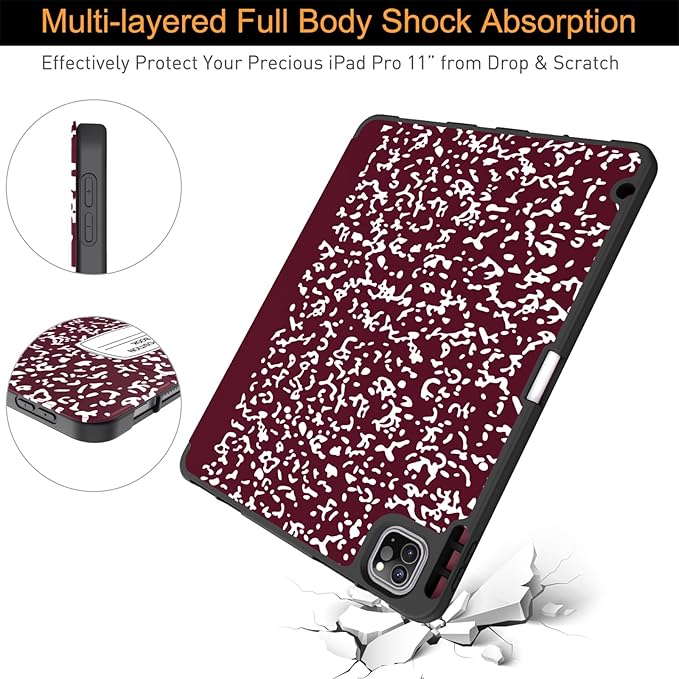 Soke for iPad Pro 11 Case (M2) 2022/2021/2020 with Pencil Holder - [Full Body Protection + Apple Pencil Charging + Auto Wake/Sleep], Soft TPU Back Cover for 2022 iPad Pro 11 inch(B-Book Wine)